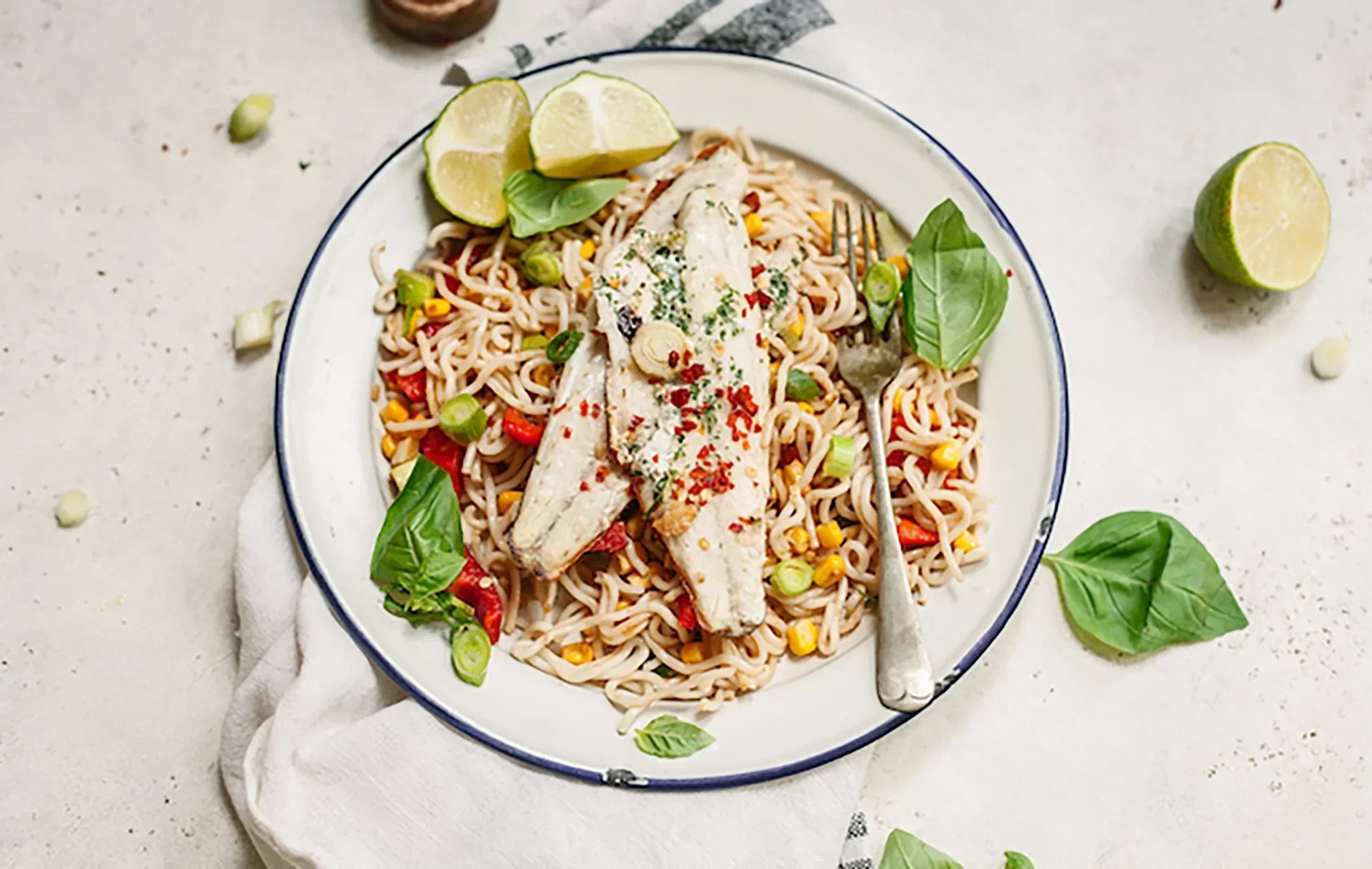 Seabass and rice noodles