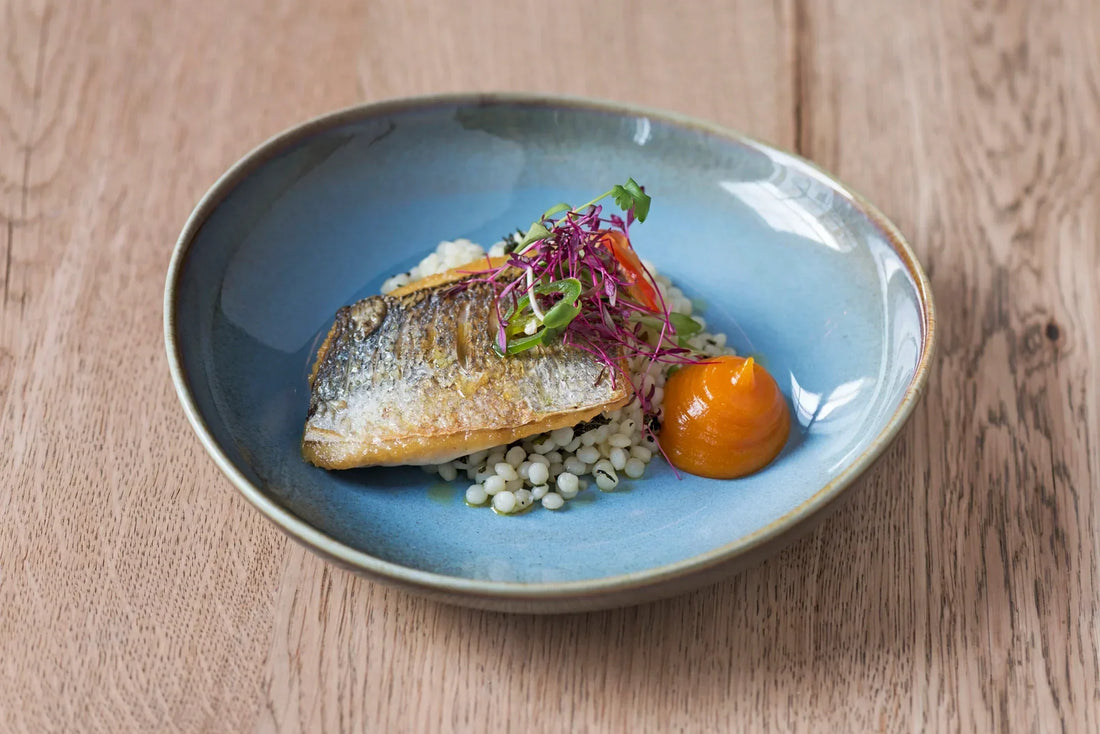 Pan fried sea bass with pearl barley