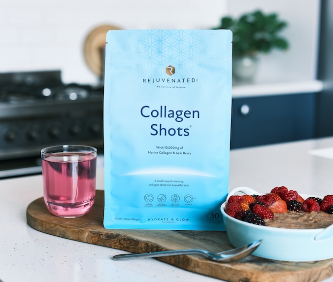 Collagen Shots displayed in the kitchen with over night oats.